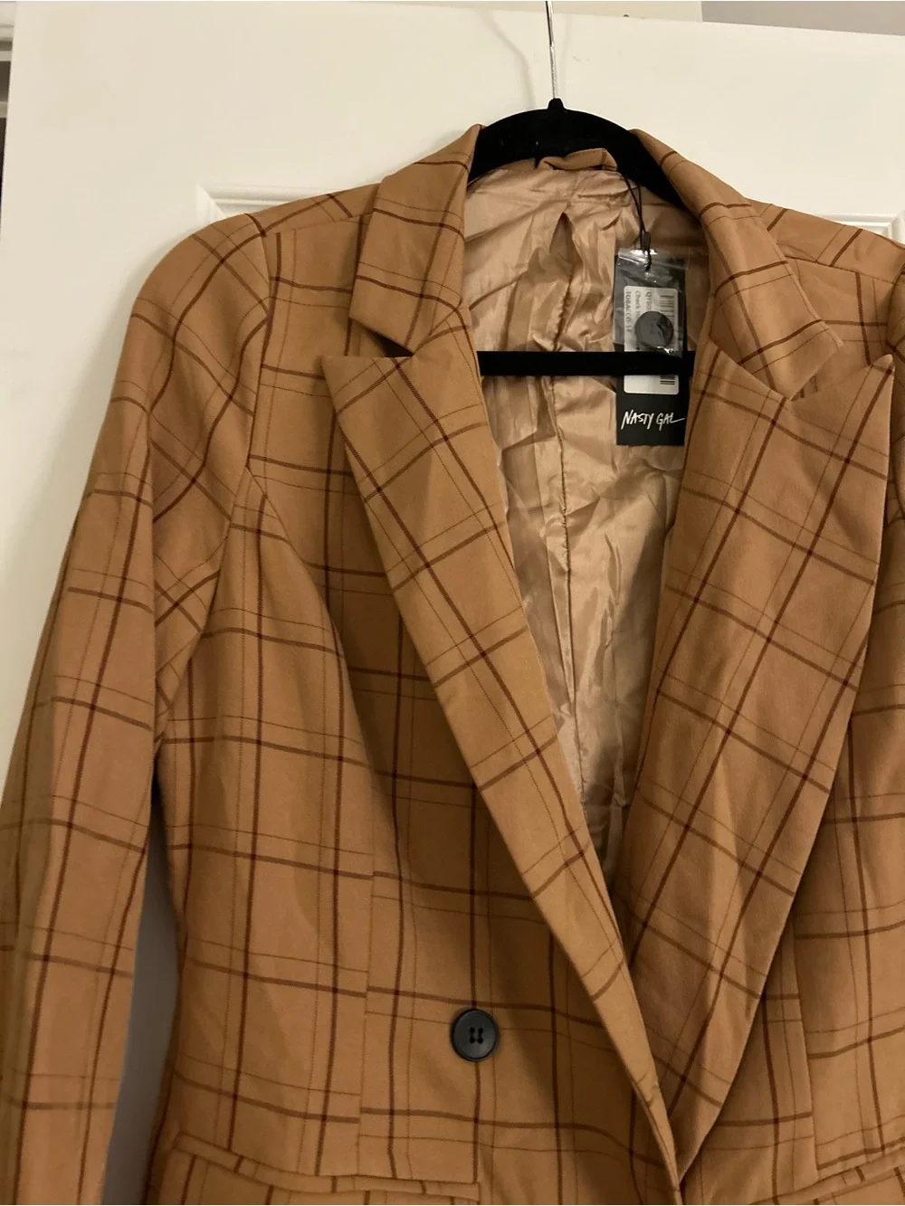 Nasty Gal Camel Plaid Double-Breasted Blazer